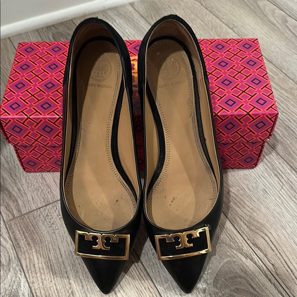 Tory Burch Black Flats with Pointed Toe and Metal Embellishment
